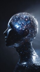 Digital human head with glowing brain. Artificial intelligence ai with machine learning concept. Future technology for cybernetic or robotic mind representation. Neural connections. Vertical view.