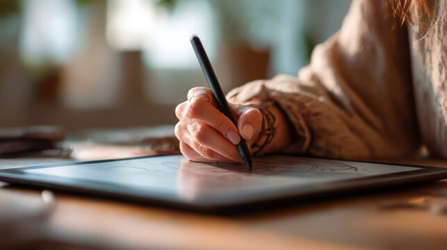 Woman drawing on digital tablet with stylus pen. Artist creating graphic design. Digital pad art, designer work, and modern creative profession concept.
