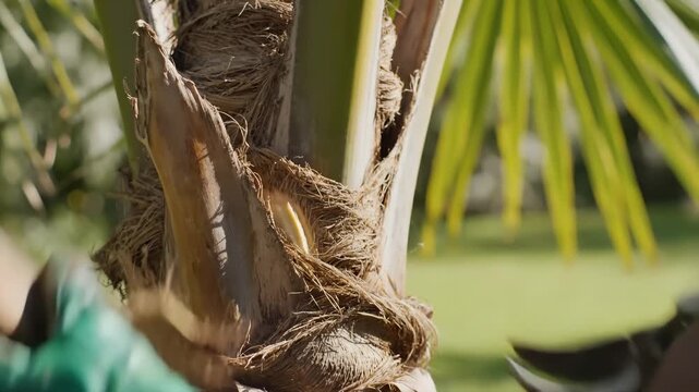 Gardener Trimming Palm Tree Fibers With Pruning Shears, Close Up
