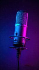 Retro microphone on stage with neon lights. Vintage mic in vibrant night club. Music recording, live broadcast, karaoke, podcast concept for entertainment audio industry. Vertical view.