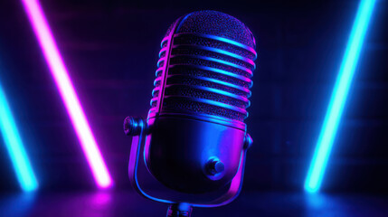 Retro microphone on stage with neon lights. Vintage mic in vibrant night club. Music recording, live broadcast, karaoke, podcast concept for entertainment audio industry.