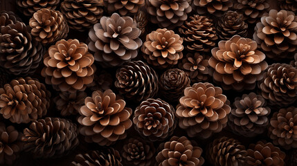A natural, earthy still-life background composed of densely arranged pine cones filling the entire frame from edge to edge. Each pine cone is captured in high detail, showing layer