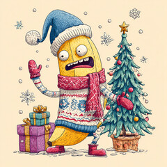 Humorous banana character in a winter scene with Christmas tree and presents