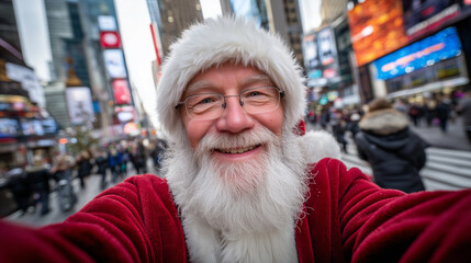 A joyful, high-energy urban Christmas scene captured as a wide-angle selfie of Santa Claus standing in the middle of Times Square, New York City. Santa wears a classic red suit wit