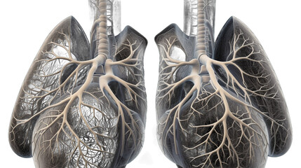 Detailed anatomical illustration of human lungs with bronchioles and trachea