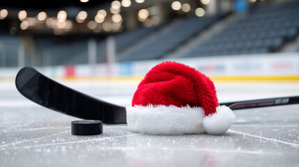 A festive winter sports scene set inside an empty ice hockey rink, featuring a classic black hockey stick resting on smooth ice with a red Santa Claus hat placed playfully over the