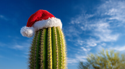 playful and surreal Christmas scene set in a sunny desert landscape, featuring a tall green cactus wearing a classic red Santa Claus hat with white fur trim and pom-pom. The cactus