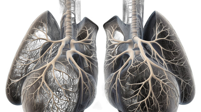 Detailed anatomical illustration of human lungs with bronchioles and trachea