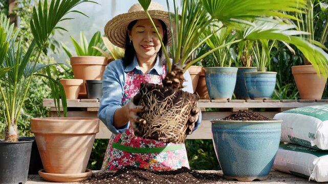 Woman Repotting Young Palm Tree Seedling in Greenhouse, Gardening