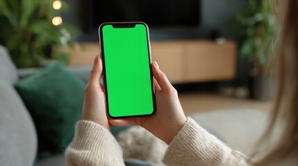 Woman holds mobile cell phone with green screen display. Modern technology for social media, entertainment, communication during leisure time. Online shopping with chroma key cellphone. Video call.
