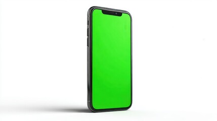 Modern smartphone with green screen on white isolated background for app ui or ux design. Smart mobile cell phone display with chroma key. Chromakey cellphone mockup template.