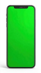 Modern smartphone with green screen on white isolated background for app ui or ux design. Smart mobile cell phone display with chroma key. Chromakey cellphone mockup template. Vertical view.