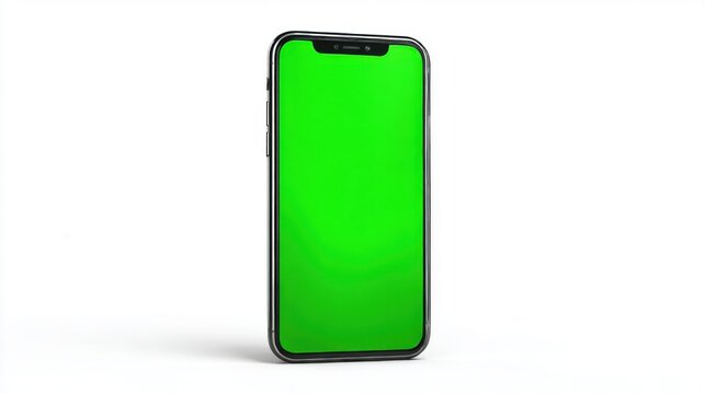 Modern smartphone with green screen on white background for app ui or ux design. Smart mobile telephone display with chroma key area.