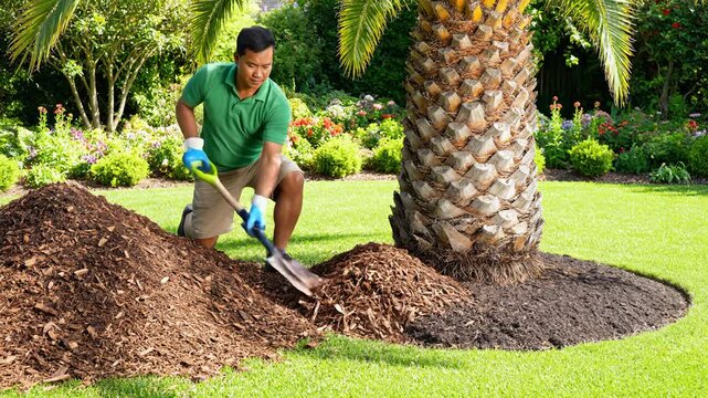 Man Spreading Mulch Around Palm Tree With Shovel in Garden