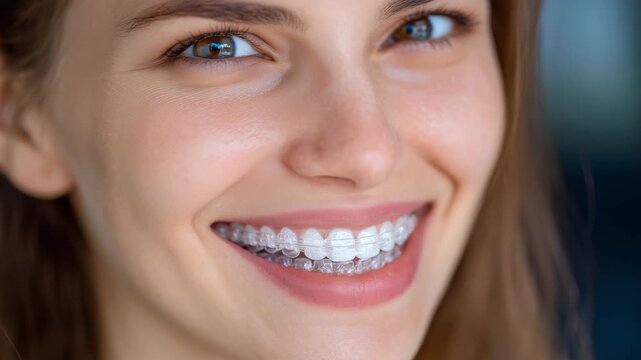 Portrait of smiling woman showing clear aligner device, teeth perfectly aligned and white, representing orthodontic treatment and premium oral hygiene care