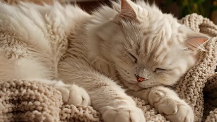 Cute White Cat Sleeping Peacefully on Comfortable Blanket, Close Up
