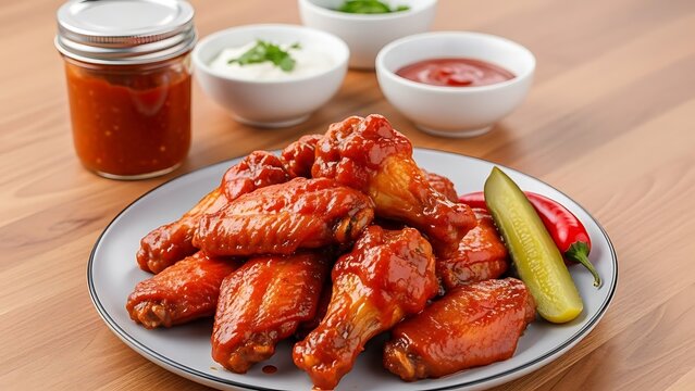 Appetizing buffalo chicken wings served with dipping sauces and a pickle spear
