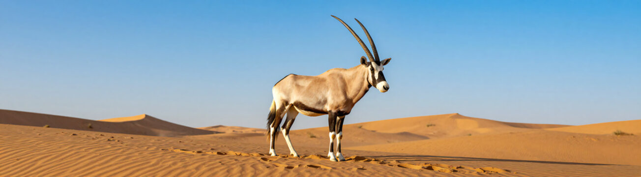 majestic arabian oryx stands alone vast expanse golden sand bright blue desert sky dawn emphasizing importance