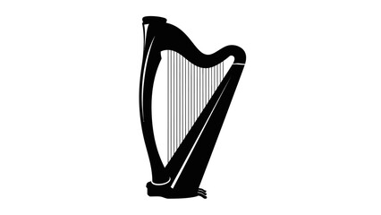 Black and white illustration of a harp musical instrument.