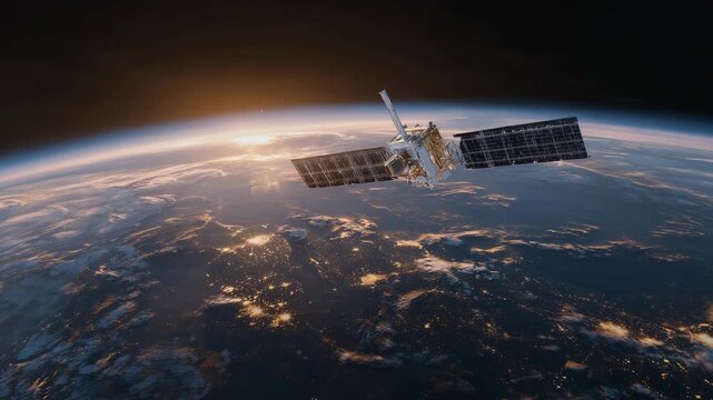 Satellite orbiting Earth at sunrise, metallic body reflecting warm golden tones, planet&rsquo;s curvature visible with luminous cloud layers, emphasizing technological link across contin