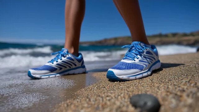 Side-angle view of female runner on sunlit sandy shore, tropical waves washing nearby, sneakers and toned legs in motion, healthy lifestyle and vacation theme