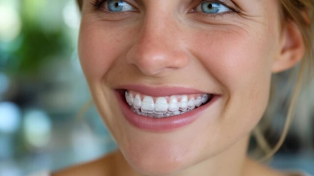 Smiling woman showcasing aligner tray with clean white teeth and fresh appearance, shot in a bright dental-clinic-inspired environment for oral care promotion