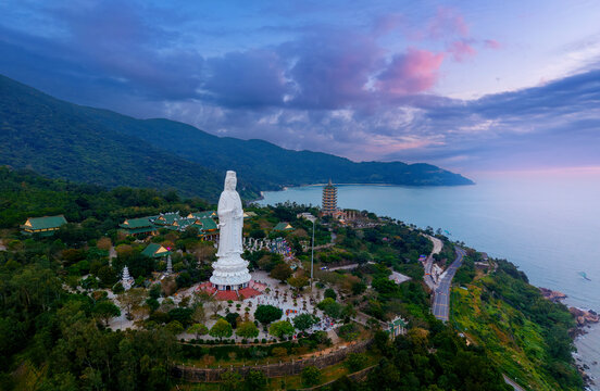 Da nang Vietnam, linh ung pagoda, lady buddha statue, coastal landscape at sunset