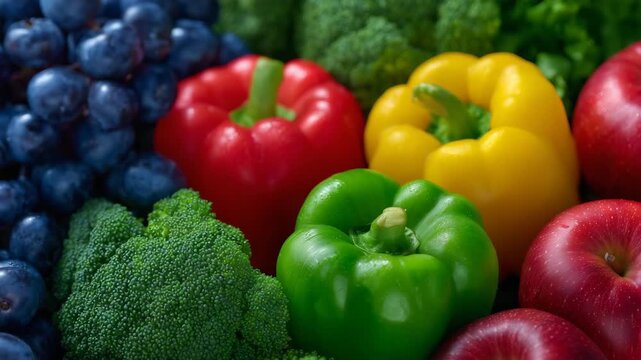 Top-down composition of mixed fruits and vegetables, bright natural light emphasizing color and freshness, horizontal format perfect for social media or video