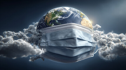 A planet wearing a medical mask symbolizing worldwide health protection and the global impact of preventive measures.
