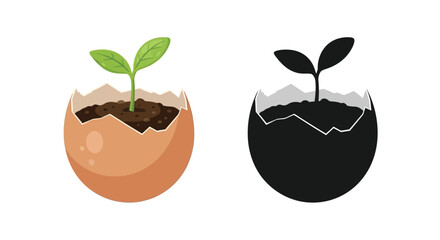 A sprouting plant emerging from a cracked eggshell shown in color and silhouette