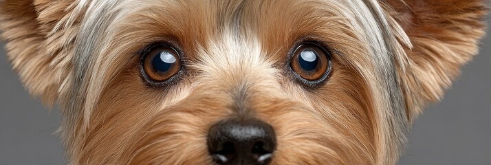 Adorable Yorkshire Terrier Puppy Close Up with Bright Eyes and Fluffy Coat on Soft Gray Background