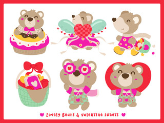 Lovely Bears and Valentine Sweets, Happy Valentine's Day. Vector illustration.