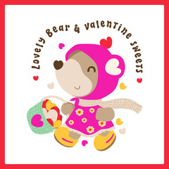 Lovely Bears and Valentine Sweets, Happy Valentine's Day. Vector illustration.