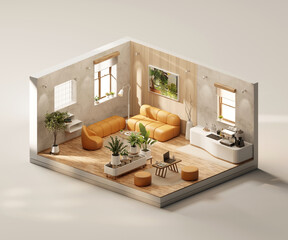 Isometric view living room cozy style open inside interior architecture 3d rendering	
