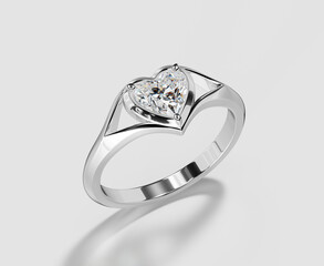 Silver Platinum Heart Diamond Ring Isolated on White Background 3D Rendering	
