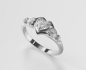 Silver Platinum Heart Diamond Ring Isolated on White Background 3D Rendering	

