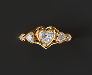 Gold Heart Diamond Ring Top View Isolated on Black Background 3D Rendering	
