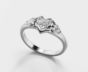 Silver Platinum Heart Diamond Ring Isolated on White Background 3D Rendering	
