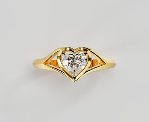 Gold Heart Diamond Ring Top View Isolated on White Background 3D Rendering	
