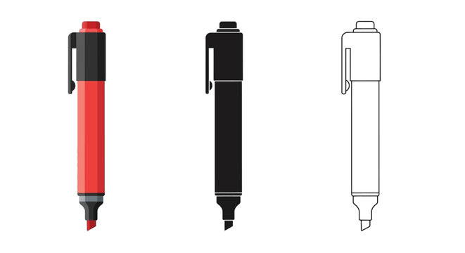 Three different styles of marker pens illustrated in a simple vector design