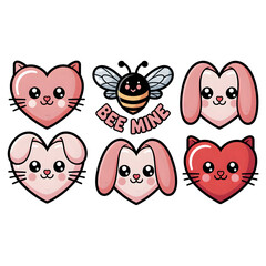 Six adorable cartoon hearts, featuring cute animal faces like cats and bunnies, surround a charming bee character that proclaims "BEE MINE" in a playful Valentine's Day themed illustration 