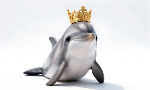 regal dolphin sits center frame crowned intricate golden ornament set pristine white backdrop sleek form illuminated