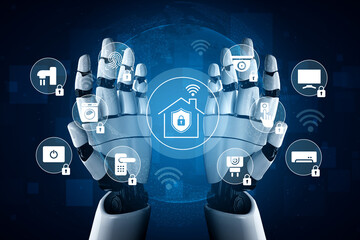 Robotic hands showcase a range of icons representing smart home technology, emphasizing innovation, security, and connectivity in home automation systems. Gantry