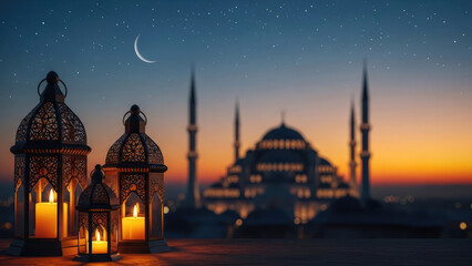 Serene mosque scene with lanterns and crescent moon at dusk