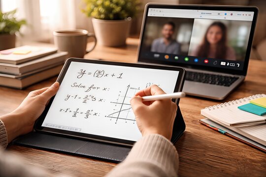 Engaging online learning experience with digital tablet showcasing mathematical equations and graphing under natural light in a cozy workspace reflecting modern education dynamics - Powered by Adobe