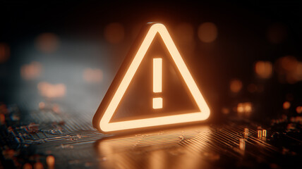A warning symbol placed on a circuit board representing digital risk alerts and cybersecurity threat awareness.
