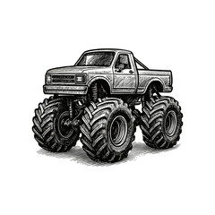 A monster truck, Bigfoot truck engraving illustration, drawn in an engraved, woodcut style with fine details sketch engraving vector illustration. Scratchboard imitation. flat vector © kmhbDOes