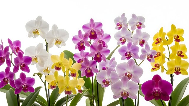 Vibrant and colorful orchid flowers blooming beautifully against a clean white background. - Powered by Adobe