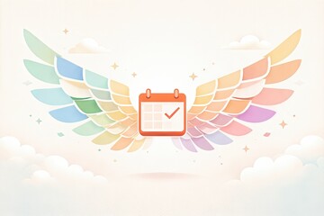 Ethereal calendar icon with colorful angel wings representing transformation empowerment and positive scheduling energy in an artistic dreamy atmosphere