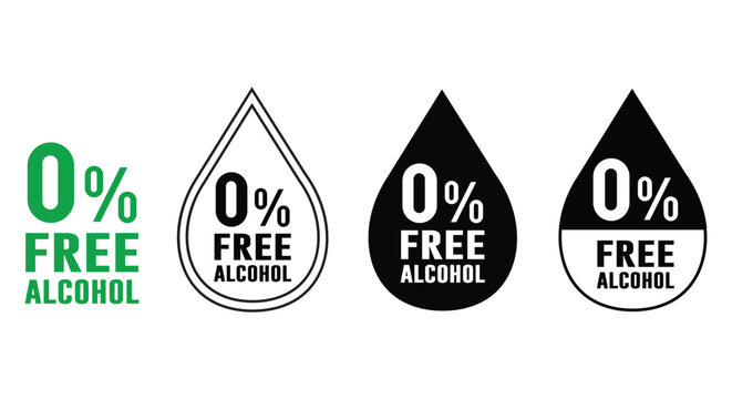 Zero percent alcohol free icons set drop shaped symbols in green and black colors for product labels